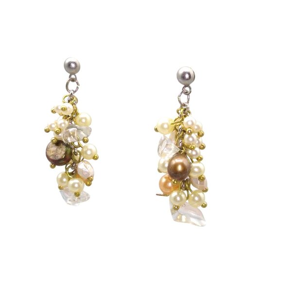 Tahitian Pearls and Rock Crystals Earrings, Elegant Neutral Cluster Dangle - Picture 3 of 3